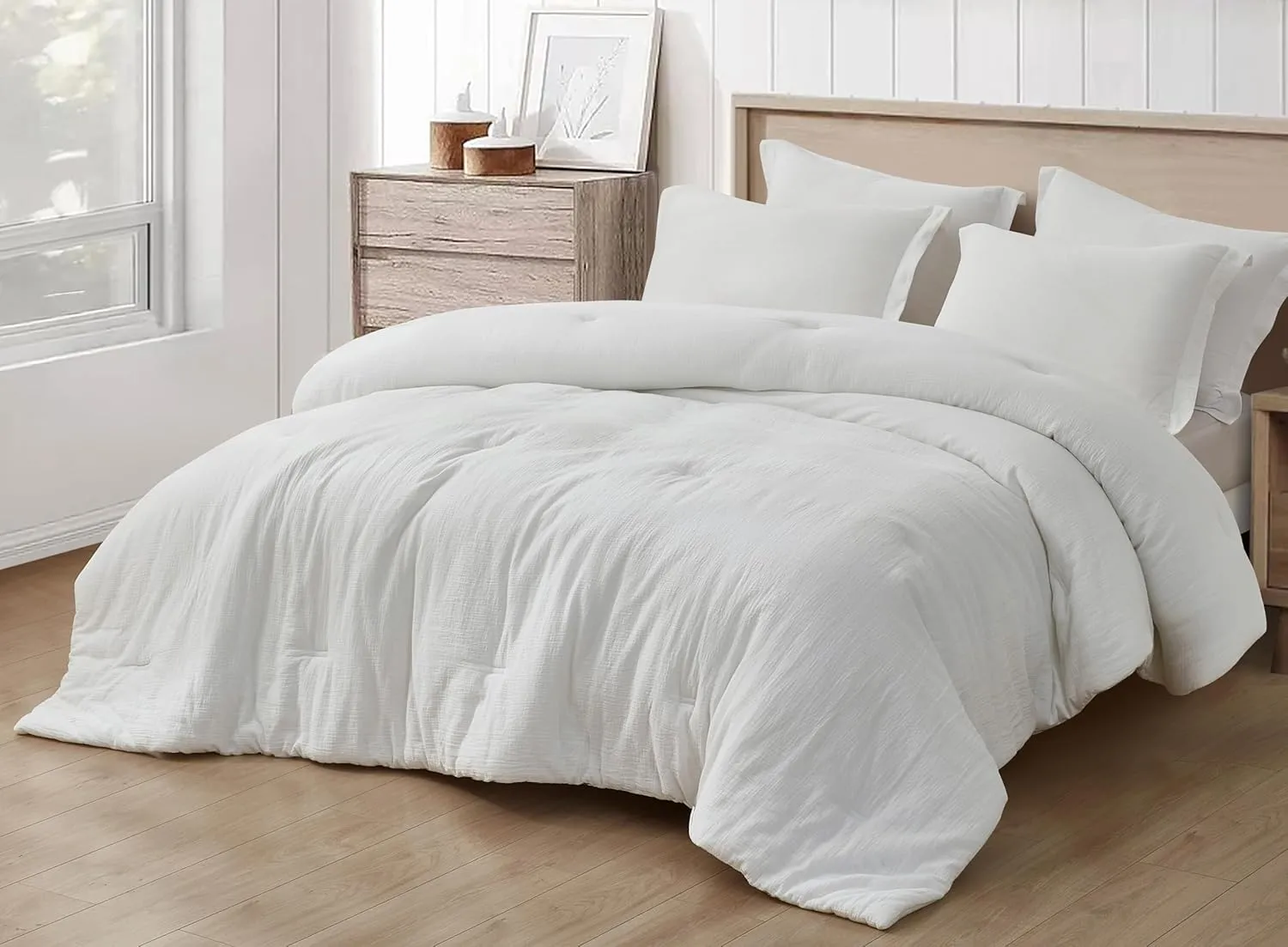 Chezmoi Collection Breeze 3-Piece 100% Cotton Muslin Queen Comforter Set, White Soft Washed Cotton Gauze Comforter, Lightweight Breathable Reversible 240GSM Fill Summer Bedding