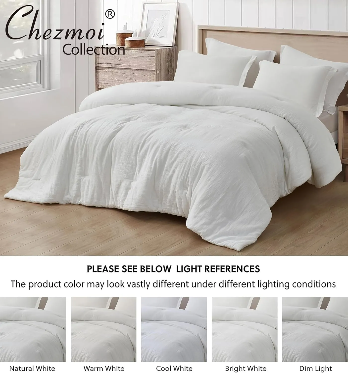 Chezmoi Collection Breeze 3-Piece 100% Cotton Muslin Queen Comforter Set, White Soft Washed Cotton Gauze Comforter, Lightweight Breathable Reversible 240GSM Fill Summer Bedding