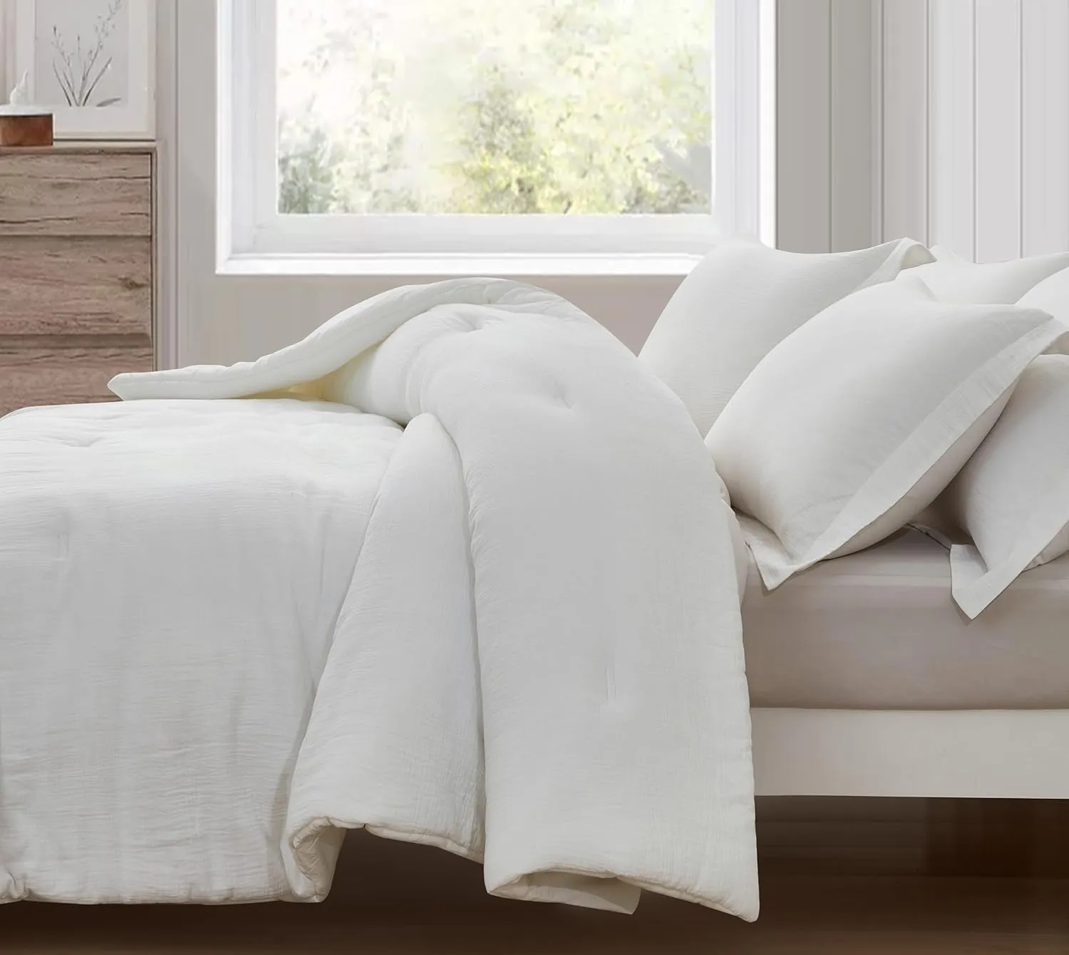 Chezmoi Collection Breeze 3-Piece 100% Cotton Muslin Queen Comforter Set, White Soft Washed Cotton Gauze Comforter, Lightweight Breathable Reversible 240GSM Fill Summer Bedding