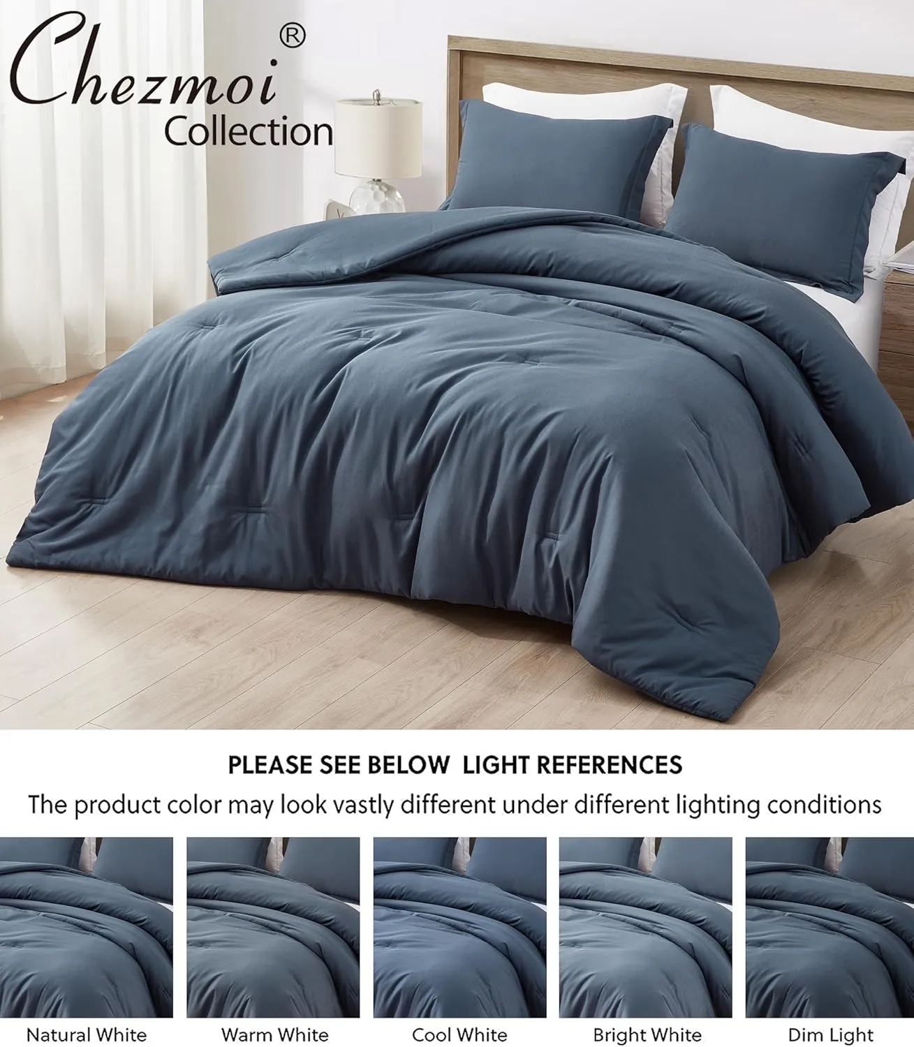 Chezmoi Collection Cliff 3-Piece Lightweight Cooling Comforter Set, Oversized King - Rayon Derived from Bamboo & Polyester Blended, Soft Breathable Bedding for Hot Sleepers, Steel Blue