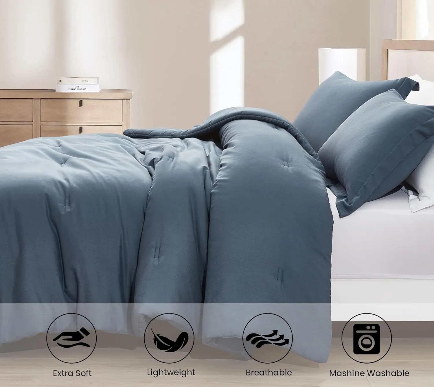 Chezmoi Collection Cliff 3-Piece Lightweight Cooling Comforter Set, Oversized King - Rayon Derived from Bamboo & Polyester Blended, Soft Breathable Bedding for Hot Sleepers, Steel Blue