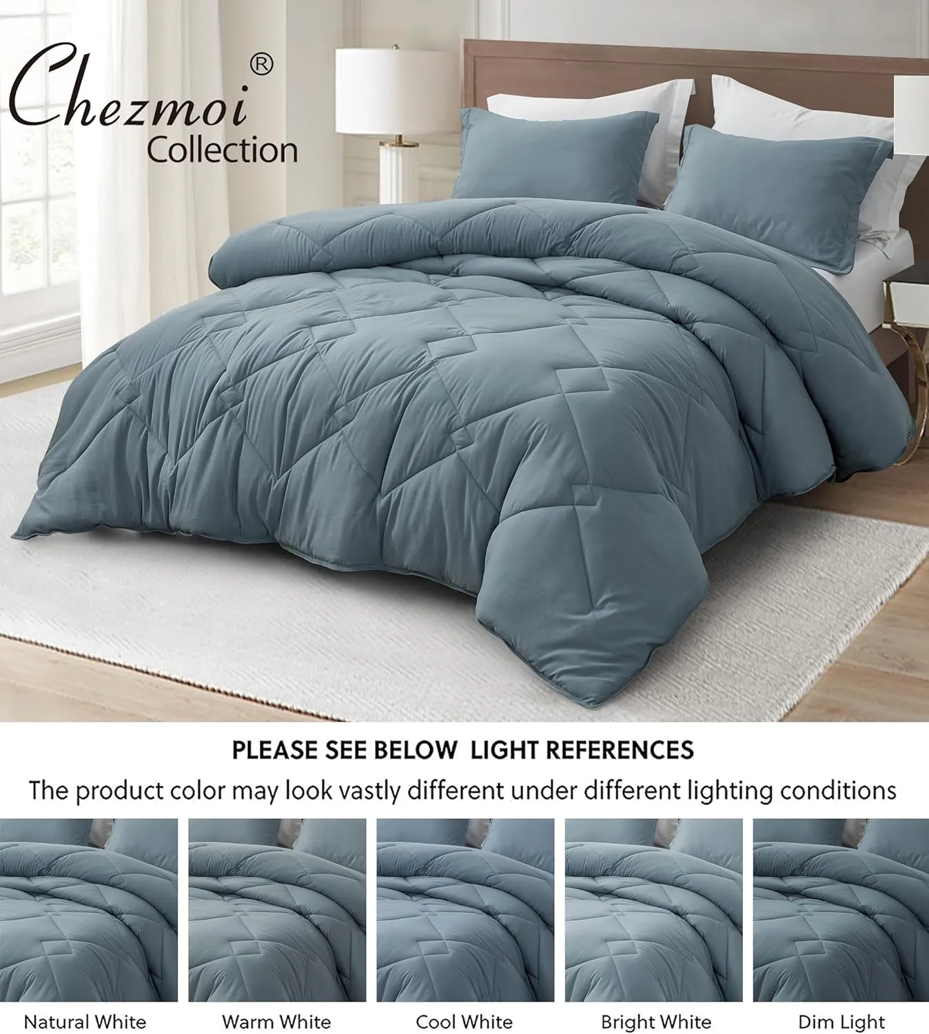 Chezmoi Collection Logan Dusty Blue Comforter Set King Size 3-Piece Soft Lightweight Stone-Washed Microfiber Comforter Set for All Season (1 Comforter 104x92, 2 Shams)