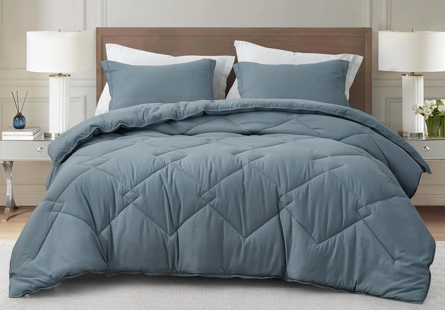 Chezmoi Collection Logan Dusty Blue Comforter Set King Size 3-Piece Soft Lightweight Stone-Washed Microfiber Comforter Set for All Season (1 Comforter 104x92, 2 Shams)