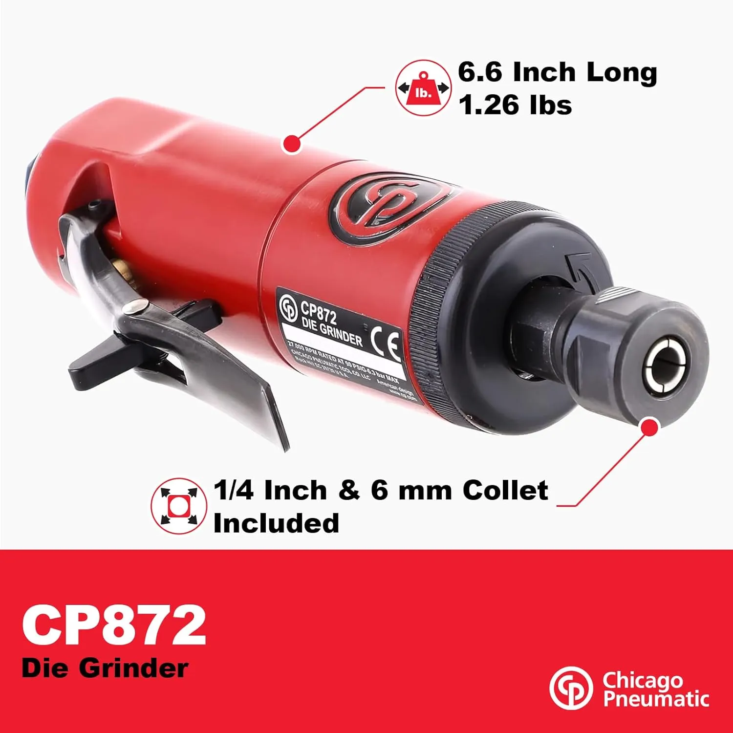 Chicago Pneumatic CP872 - Air Die Grinder Tool, Welder, Woodworking, Automotive Car Detailing, Stainless Steel Polisher, Heavy Duty, Straight, (6.4mm) - 1/4 Inch (6 mm), 0.63 HP / 470 W - 27000 RPM
