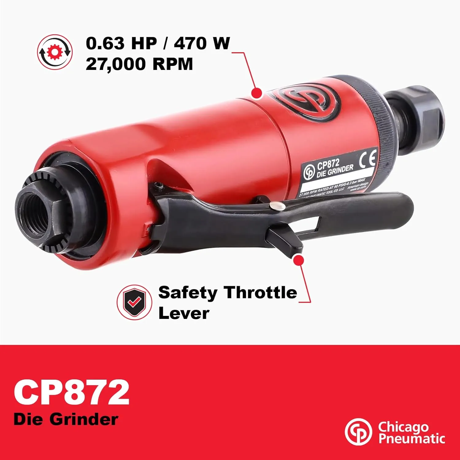 Chicago Pneumatic CP872 - Air Die Grinder Tool, Welder, Woodworking, Automotive Car Detailing, Stainless Steel Polisher, Heavy Duty, Straight, (6.4mm) - 1/4 Inch (6 mm), 0.63 HP / 470 W - 27000 RPM