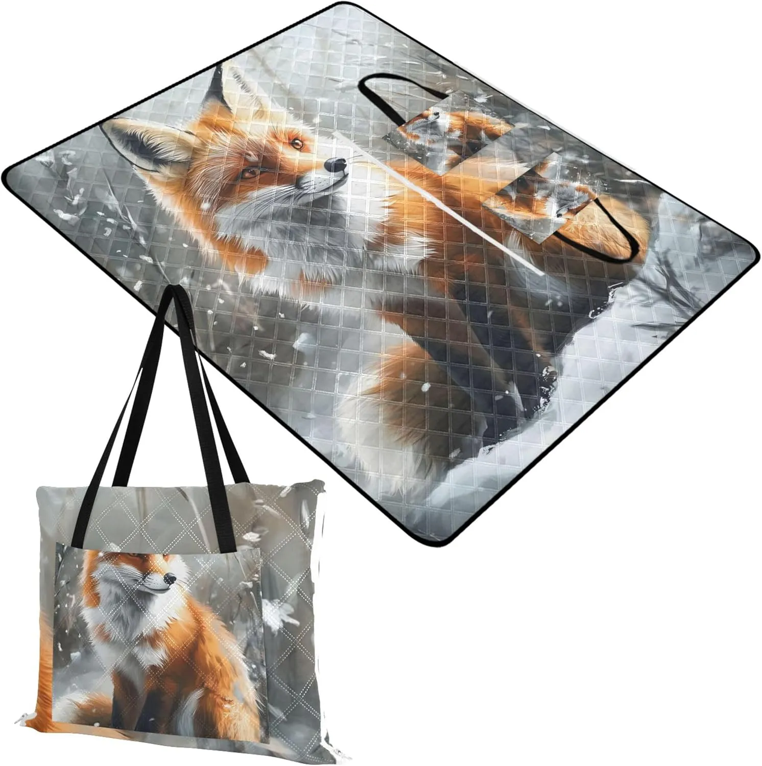 CHIFIGNO Charming Red Fox Snowy Forest Beach Blankets Waterproof Sandproof, Print Camping Blankets for Grass Outdoor Mat Picnic Blanket Cute, 80" x 60"