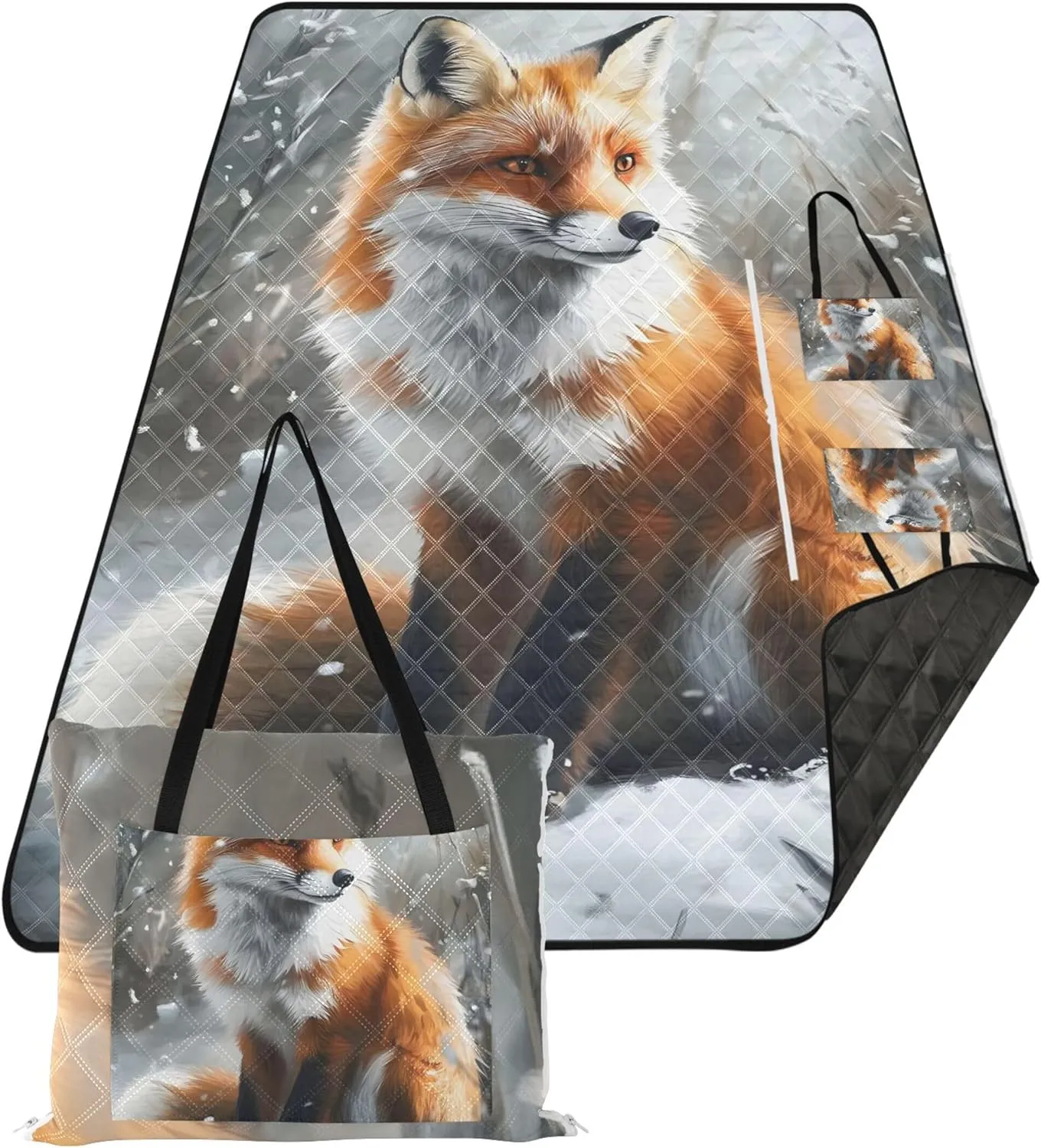 CHIFIGNO Charming Red Fox Snowy Forest Beach Blankets Waterproof Sandproof, Print Camping Blankets for Grass Outdoor Mat Picnic Blanket Cute, 80" x 60"
