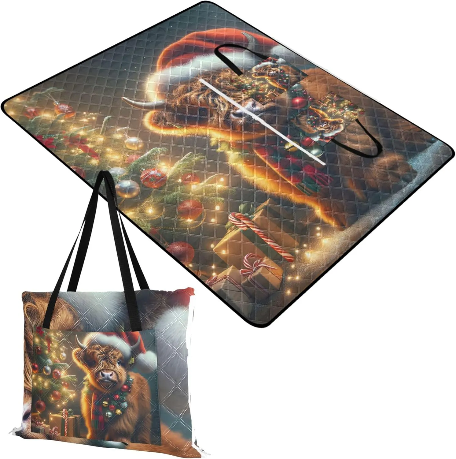 CHIFIGNO Christmas Cute Highland Cow Waterproof Beach Blanket Sandproof Outdoor Camping Grass Mat Picnic Supplies Foldable Mat 80" x 60"
