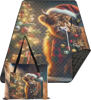 CHIFIGNO Christmas Cute Highland Cow Waterproof Beach Blanket Sandproof Outdoor Camping Grass Mat Picnic Supplies Foldable Mat 80" x 60"