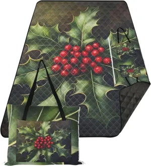 CHIFIGNO Christmas Holly Beach Blanket Waterproof Sandproof, Print Outdoor Mat for Camping Cute Picnic Mat Foldable, 80" x 60"