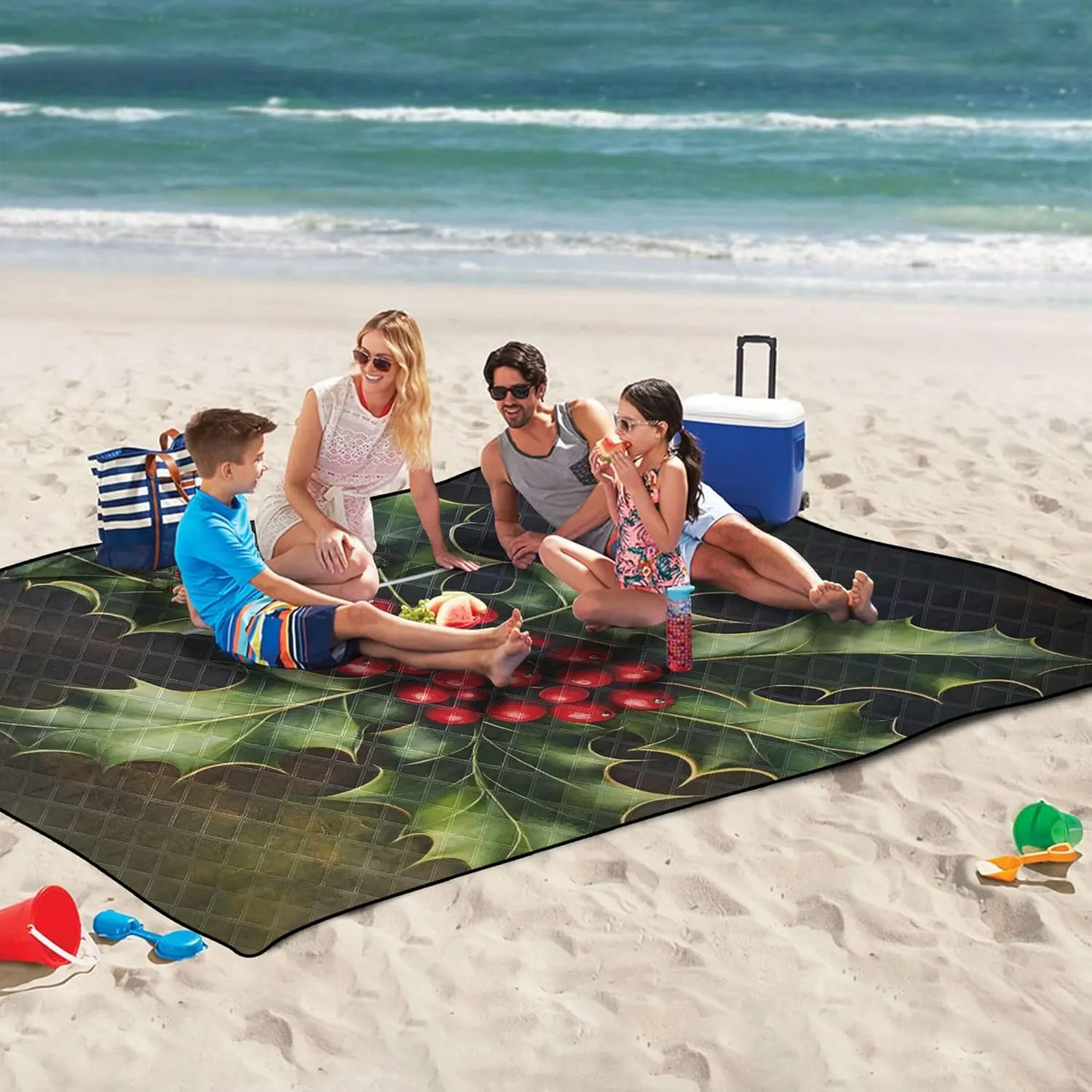 CHIFIGNO Christmas Holly Beach Blanket Waterproof Sandproof, Print Outdoor Mat for Camping Cute Picnic Mat Foldable, 80" x 60"