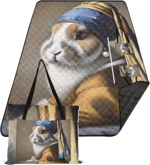 CHIFIGNO Classic Bunny Pearl Earring Beach Mat Waterproof Sandproof Cute Picnic Essentials Foldable Floral Camping Blanket for Grass 80" x 60"