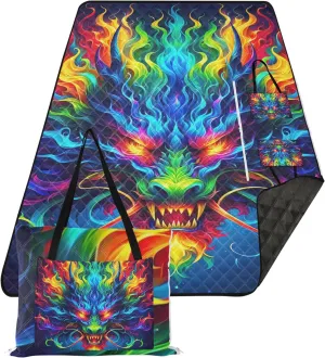 CHIFIGNO Colorful Fire Dragon Art Beach Blanket Waterproof Sandproof, Packable Camping Blanket Cute Picnic Essentials Foldable, 80" x 60"