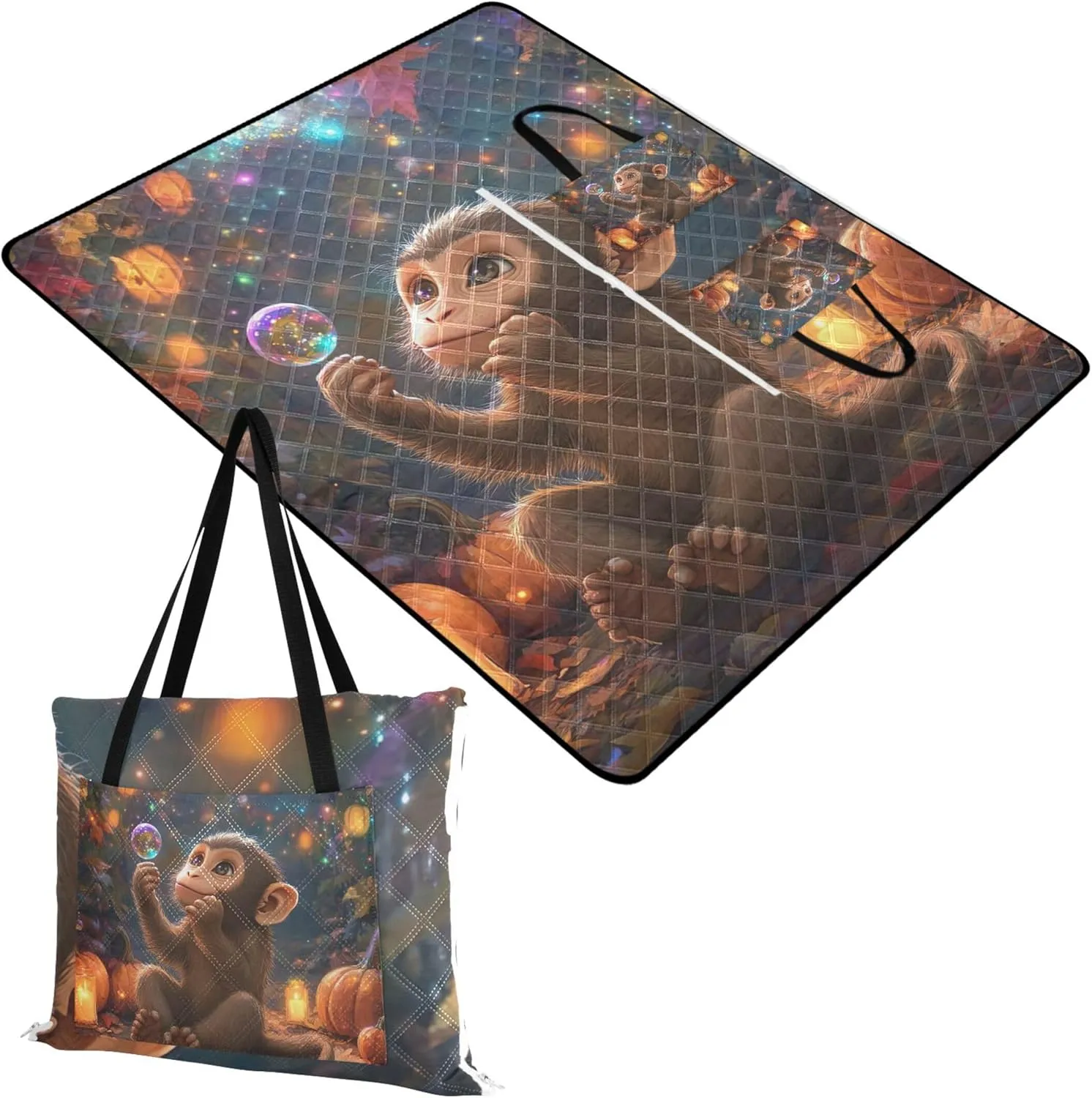 CHIFIGNO Cute Monkey Night Lantern Waterproof Beach Blanket Sandproof Outdoor Blanket for Grass Picnic Accessories Foldable 80" x 60"