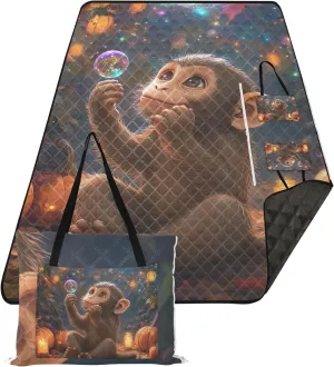 CHIFIGNO Cute Monkey Night Lantern Waterproof Beach Blanket Sandproof Outdoor Blanket for Grass Picnic Accessories Foldable 80" x 60"