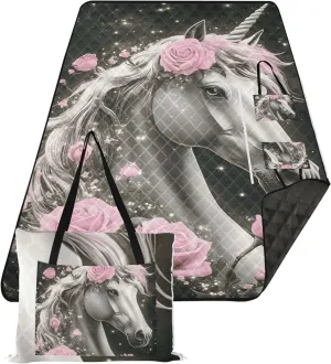 CHIFIGNO Grey Unicorn Pink Rose Beach Mat Waterproof Sandproof Outdoor Playmat Camping Blanket Foldable Mat Picnic Blanket 80" x 60"