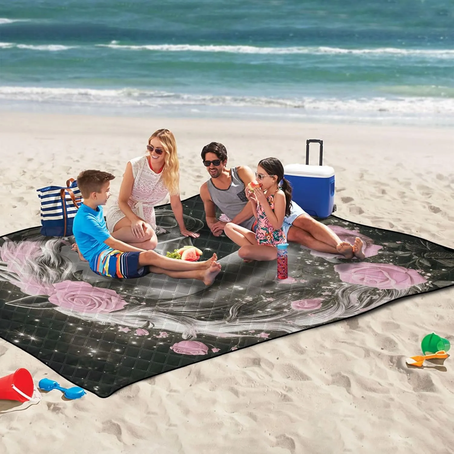 CHIFIGNO Grey Unicorn Pink Rose Beach Mat Waterproof Sandproof Outdoor Playmat Camping Blanket Foldable Mat Picnic Blanket 80" x 60"