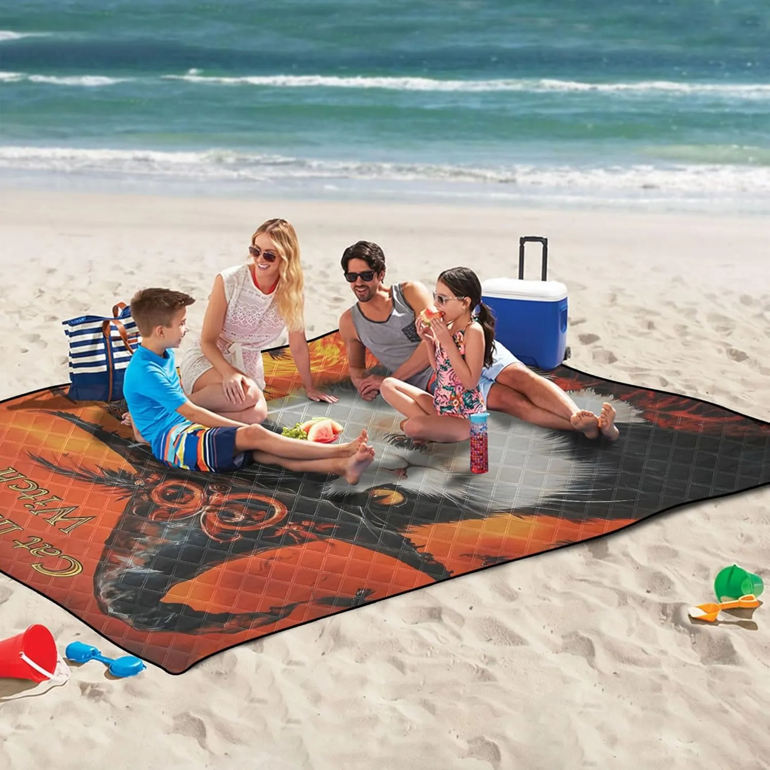CHIFIGNO Halloween Witch Cat Magic Beach Mat Waterproof Sandproof Cute Picnic Blanket Foldable Floral Camping Blanket for Grass 80" x 60"