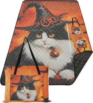 CHIFIGNO Halloween Witch Cat Magic Beach Mat Waterproof Sandproof Cute Picnic Blanket Foldable Floral Camping Blanket for Grass 80" x 60"