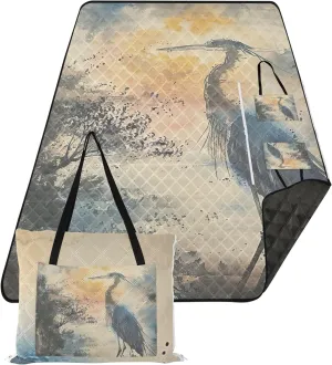 CHIFIGNO Heron Bird Ink Painting Beach Mat Sand Free Waterproof, Outdoor Blanket Camping Mat Cute Picnic Blanket Foldable, 118" x 80"