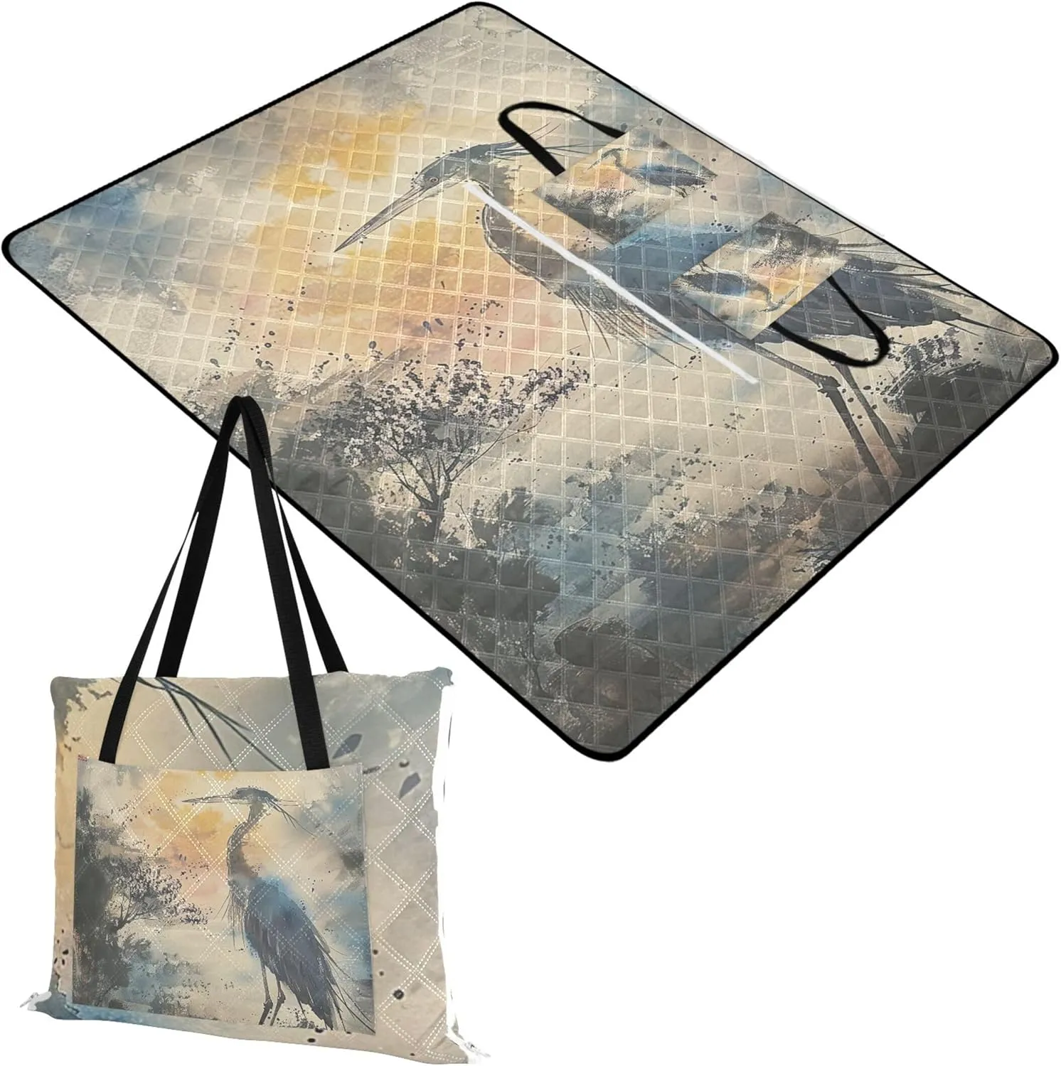 CHIFIGNO Heron Bird Ink Painting Beach Mat Sand Free Waterproof, Outdoor Blanket Camping Mat Cute Picnic Blanket Foldable, 118" x 80"