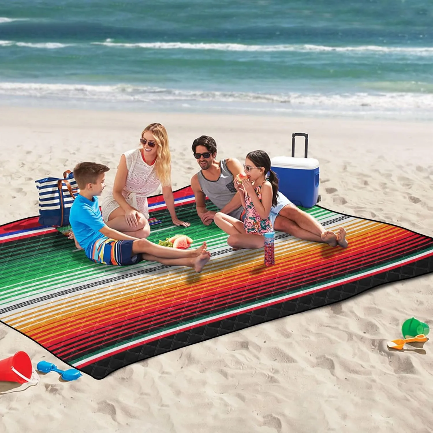 CHIFIGNO Mexican Serape Blanket Stripes5 Beach Mat Sand Free Waterproof, Outdoor Blanket for Grass Foldable Mat Picnic Blanket, 80" x 60"