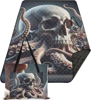 CHIFIGNO Mystic Skull Octopus Fantasy Picnic Accessories Foldable Waterproof Beach Blanket Oversized Outdoor Camping Grass Mat 118" x 80"