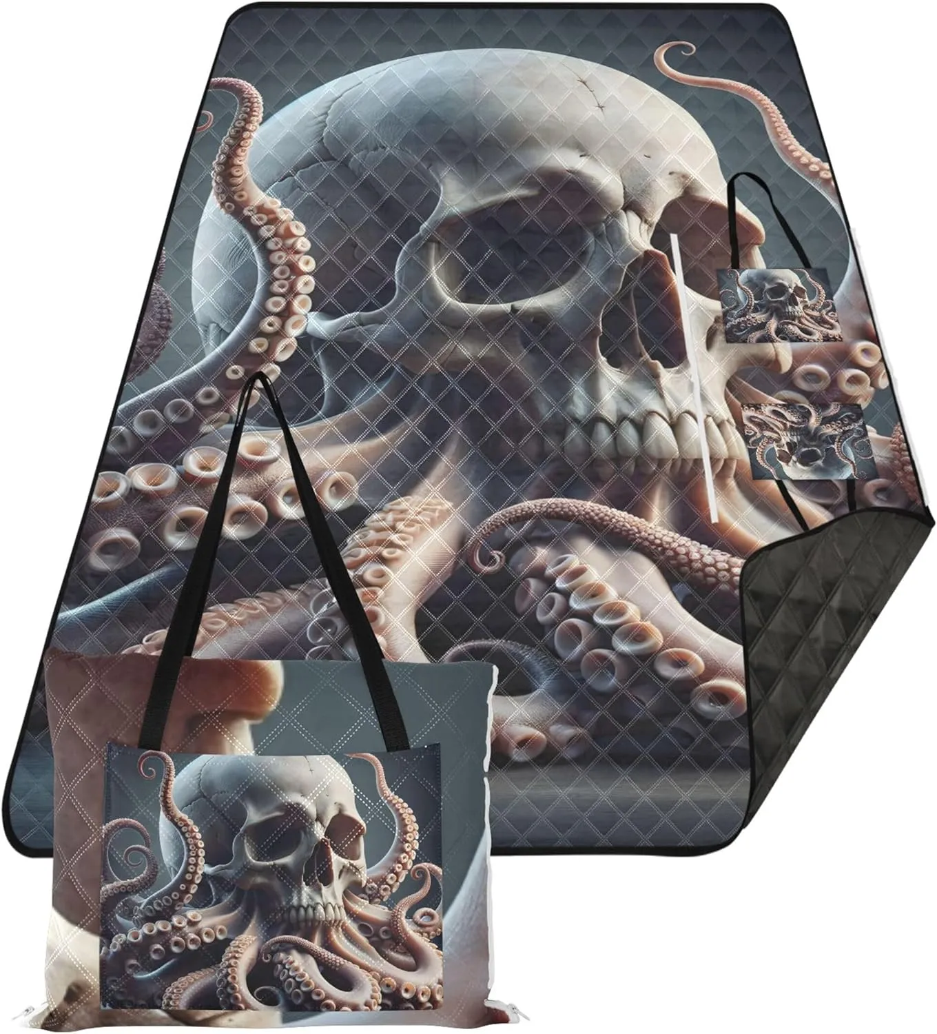 CHIFIGNO Mystic Skull Octopus Fantasy Picnic Accessories Foldable Waterproof Beach Blanket Oversized Outdoor Camping Grass Mat 118" x 80"