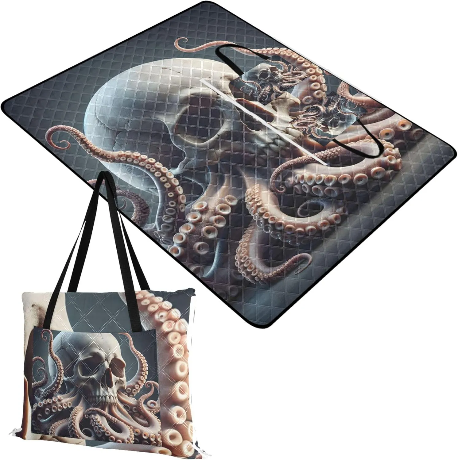 CHIFIGNO Mystic Skull Octopus Fantasy Picnic Accessories Foldable Waterproof Beach Blanket Oversized Outdoor Camping Grass Mat 118" x 80"