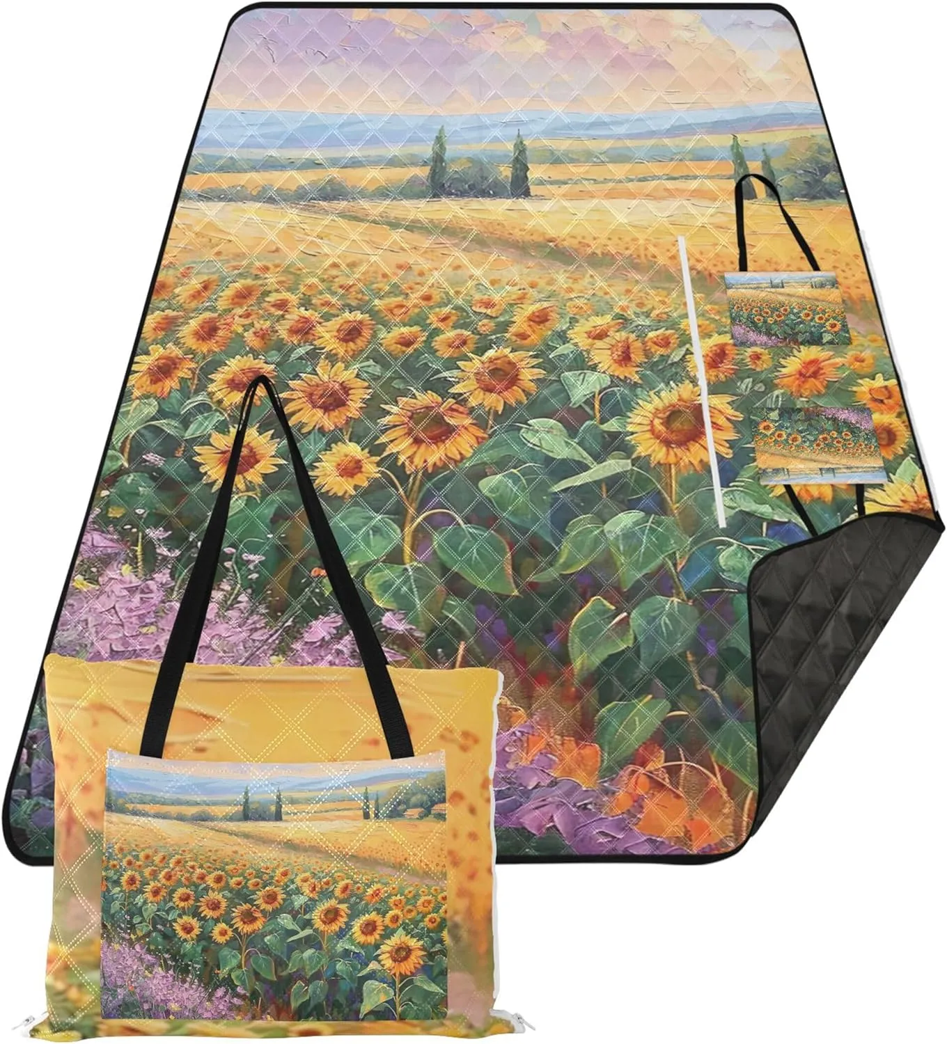 CHIFIGNO Painting Sunflower Field Scenery Cute Picnic Essentials Foldable Beach Mat Waterproof Sandproof Outdoor Blankets for Grass 118" x 80"