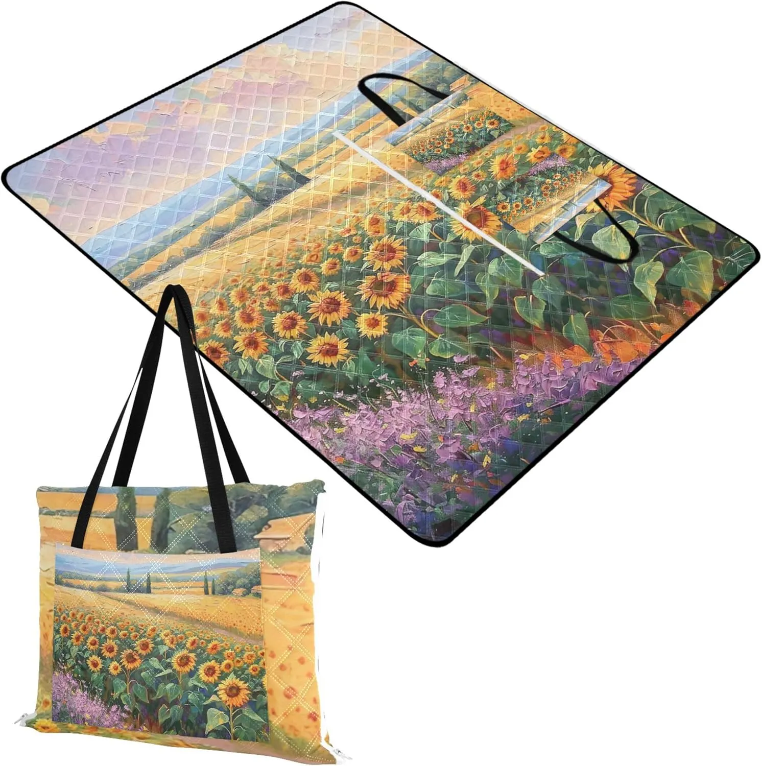 CHIFIGNO Painting Sunflower Field Scenery Cute Picnic Essentials Foldable Beach Mat Waterproof Sandproof Outdoor Blankets for Grass 118" x 80"
