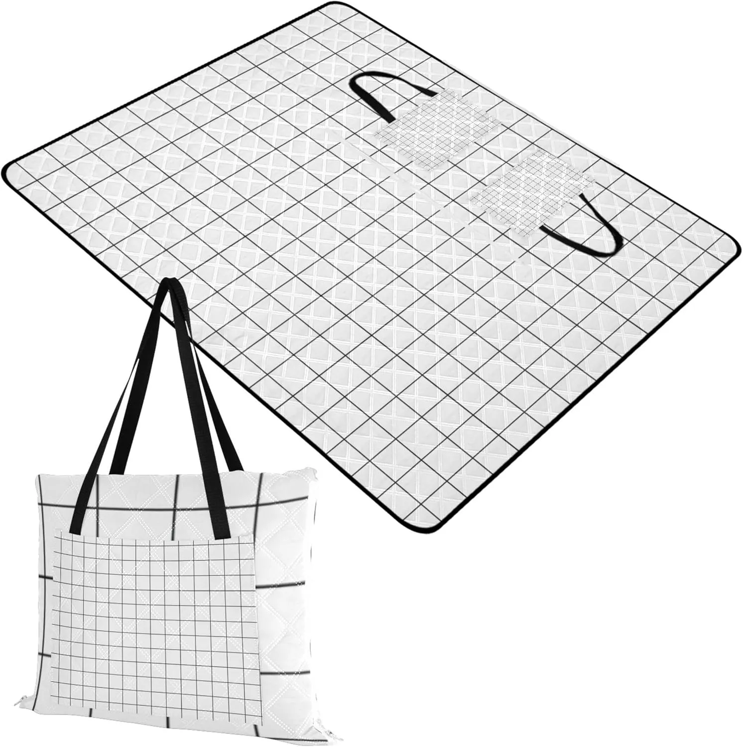 CHIFIGNO Plaid White Grid Beach Blankets Waterproof Sandproof Cute Picnic Blanket Foldable Grass Blanket Camping Mat 80" x 60"