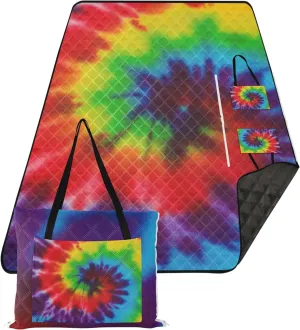 CHIFIGNO Rainbow Tie Dye Sand Free Beach Blanket Waterproof Picnic Supplies Foldable Mat Print Camping Blankets for Grass 80" x 60"