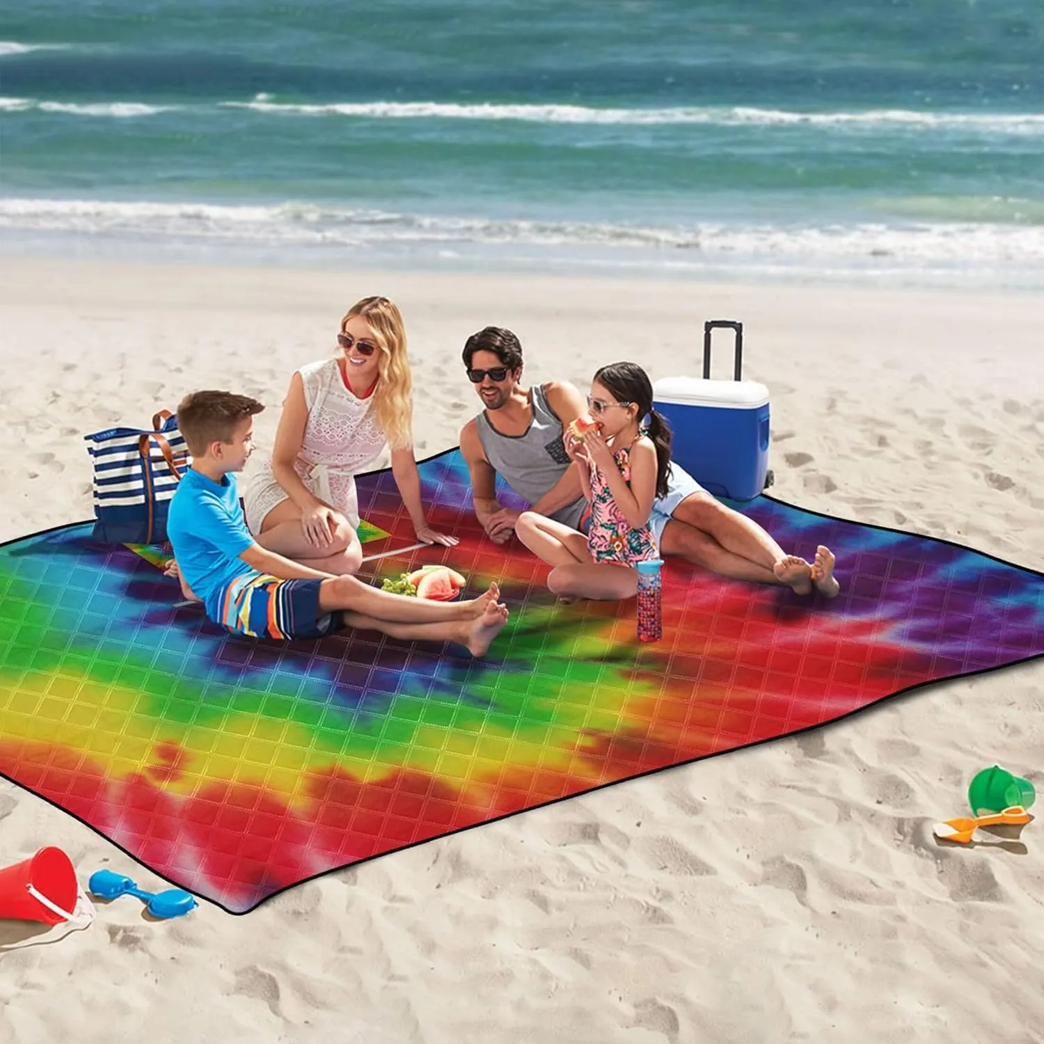 CHIFIGNO Rainbow Tie Dye Sand Free Beach Blanket Waterproof Picnic Supplies Foldable Mat Print Camping Blankets for Grass 80" x 60"