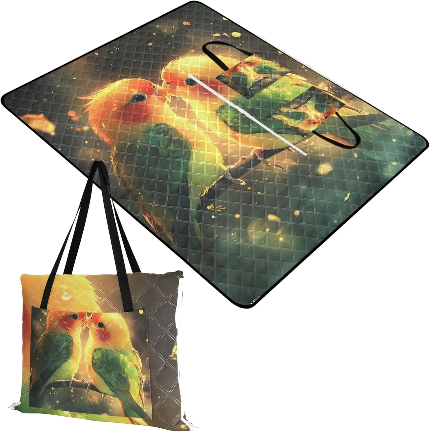 CHIFIGNO Romantic Lovebirds Golden Glow Pink Picnic Blanket Foldable Beach Blankets Waterproof Sandproof Floral Camp Blanket for Grass 80" x 60"