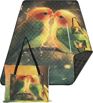 CHIFIGNO Romantic Lovebirds Golden Glow Pink Picnic Blanket Foldable Beach Blankets Waterproof Sandproof Floral Camp Blanket for Grass 80" x 60"