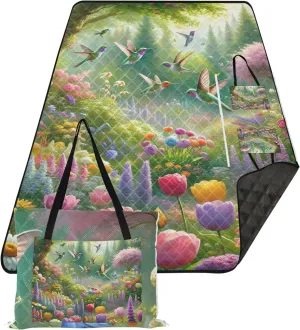 CHIFIGNO Spring Hummingbirds Garden Beach Mat Waterproof Sandproof Print Camping Blankets for Grass Pink Picnic Blanket Foldable 80" x 60"