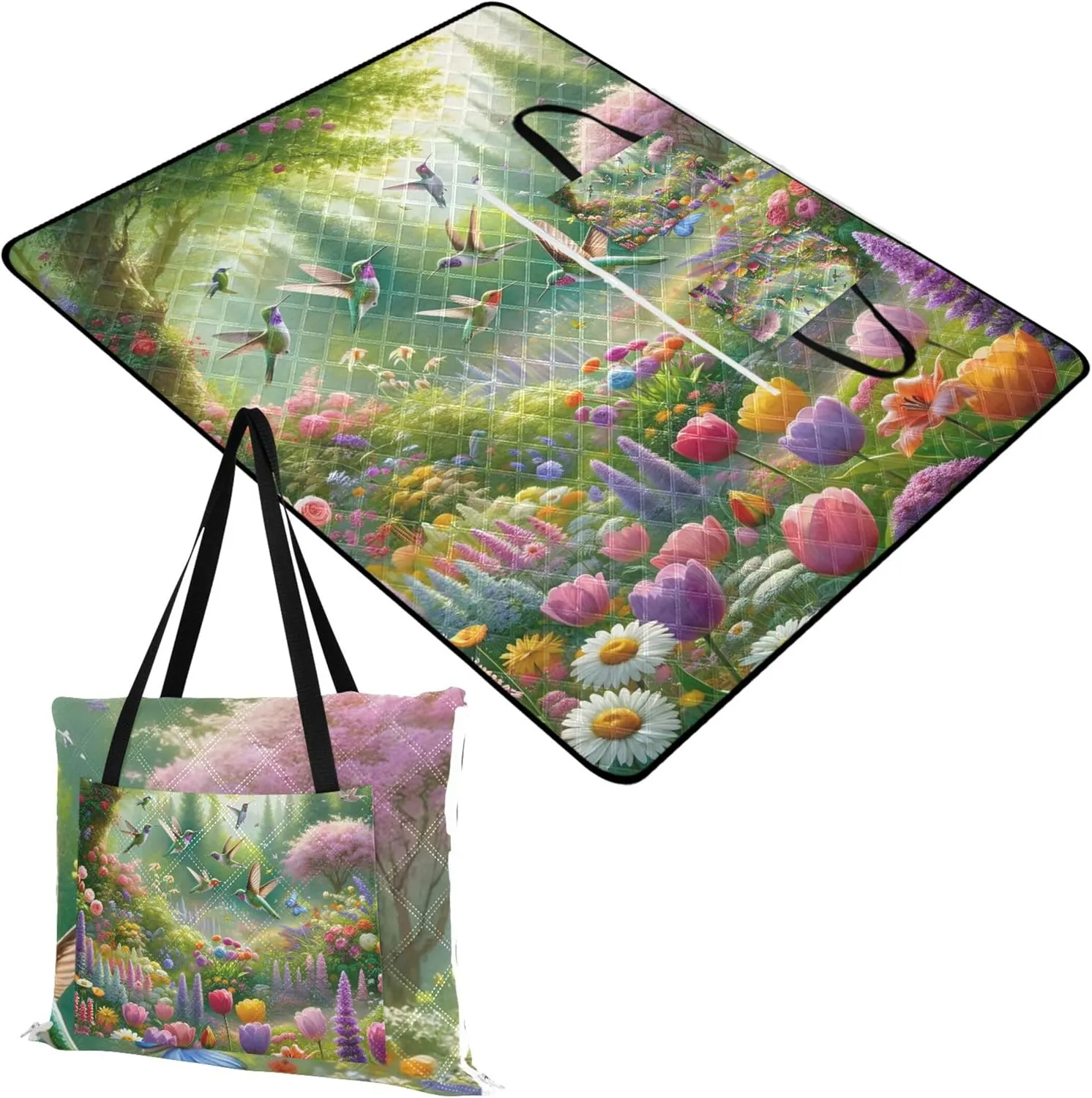 CHIFIGNO Spring Hummingbirds Garden Beach Mat Waterproof Sandproof Print Camping Blankets for Grass Pink Picnic Blanket Foldable 80" x 60"