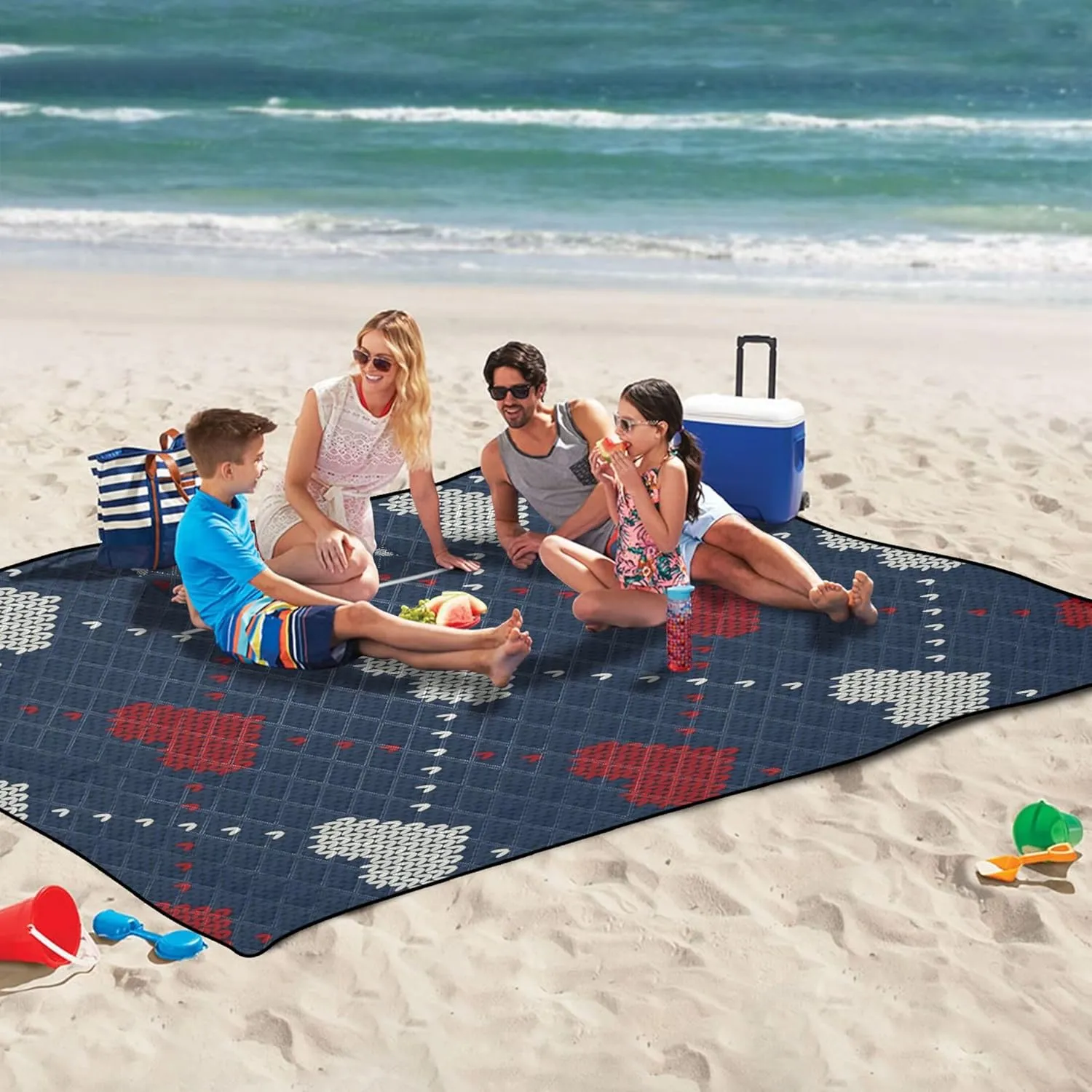CHIFIGNO Tartan Hearts Navy Sand Proof Beach Blanket Waterproof Outdoor Blanket for Grass Picnic Accessories Foldable 80" x 60"