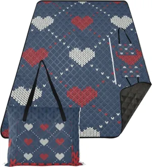 CHIFIGNO Tartan Hearts Navy Sand Proof Beach Blanket Waterproof Outdoor Blanket for Grass Picnic Accessories Foldable 80" x 60"