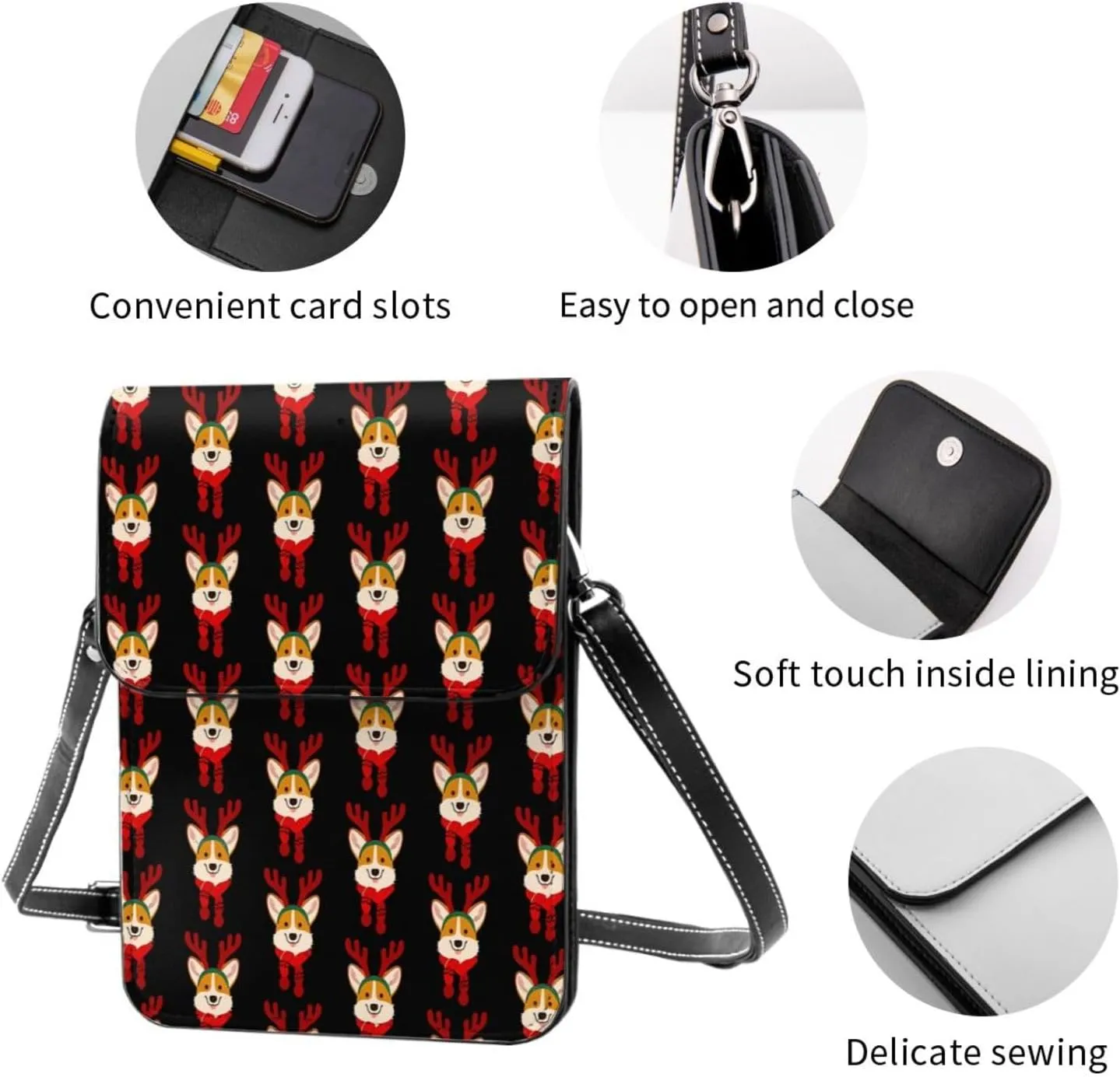 Christmas Corgi Reindeer Leather Crossbody Phone Purse for Women Cute Wallet Bags Lightweight Mini Sling Bag