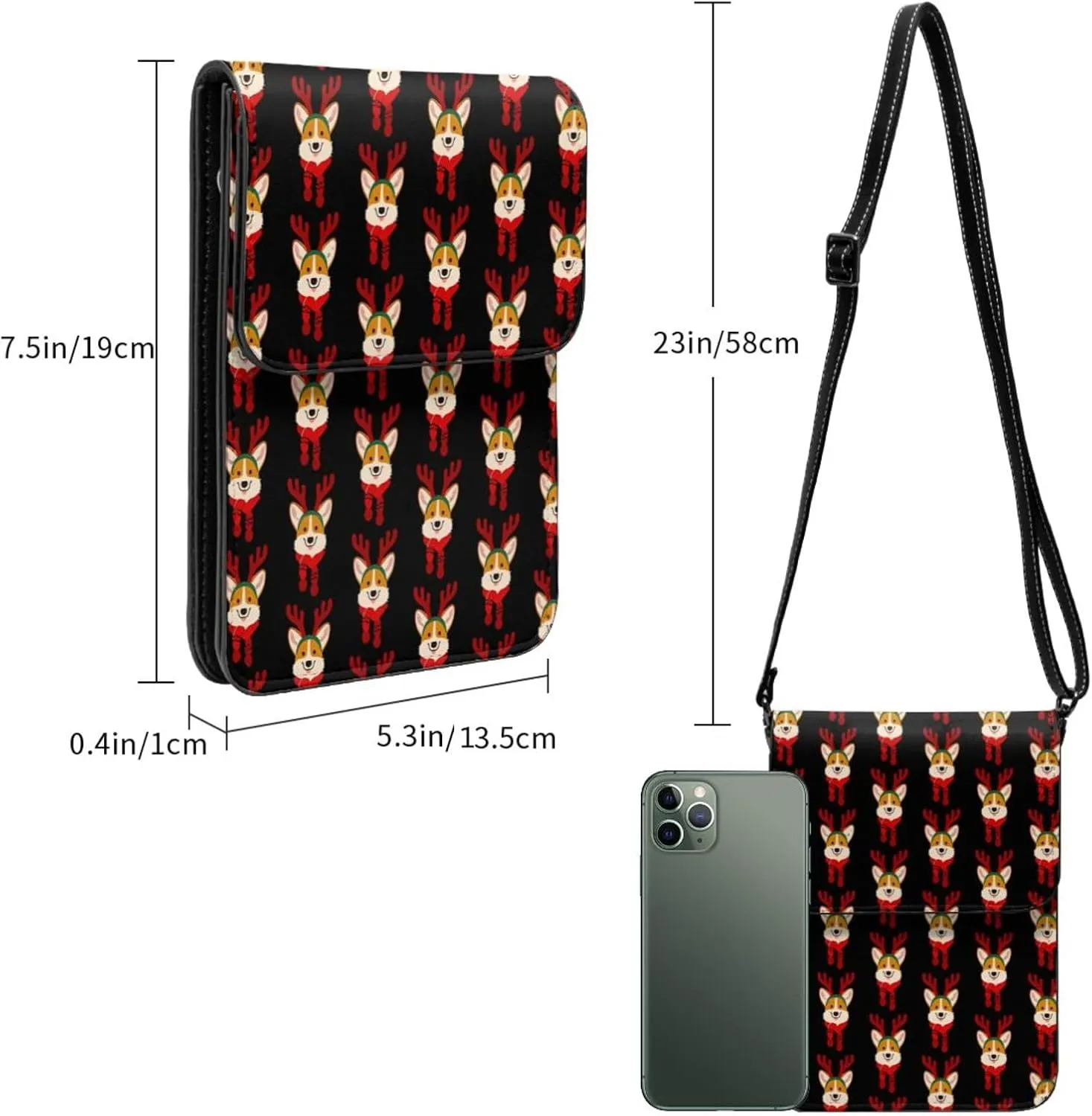 Christmas Corgi Reindeer Leather Crossbody Phone Purse for Women Cute Wallet Bags Lightweight Mini Sling Bag