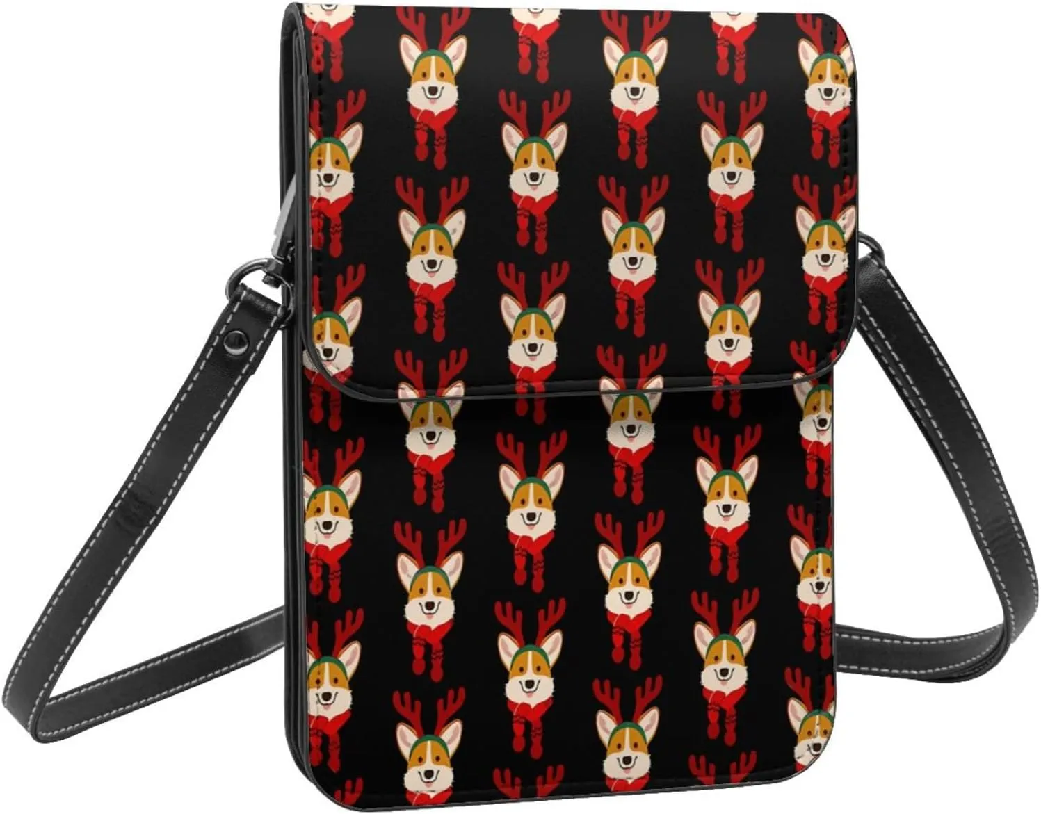Christmas Corgi Reindeer Leather Crossbody Phone Purse for Women Cute Wallet Bags Lightweight Mini Sling Bag
