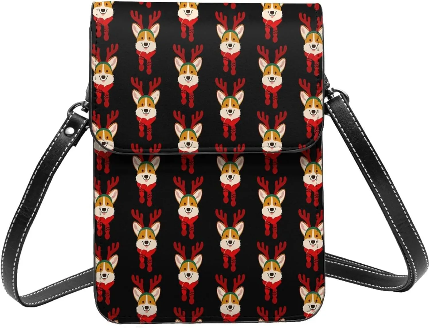 Christmas Corgi Reindeer Leather Crossbody Phone Purse for Women Cute Wallet Bags Lightweight Mini Sling Bag