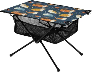 Chubby Cats Pattern Portable Camping Table Folding, Small Foldable Beach Table with Mesh Storage, Compact Camp, Tent Table for Outdoor Dining