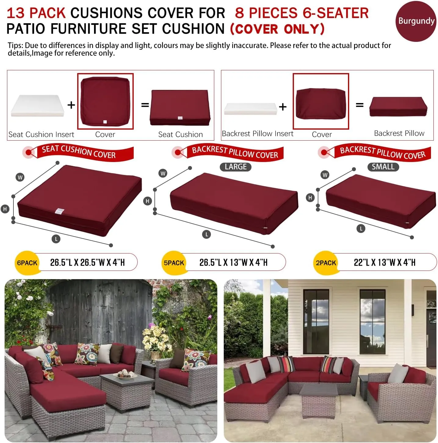ClawsCover 13 Pack Outdoor Seat and Back Cushions Replacement Covers Fit for 6 Pieces 8-Seater Wicker Rattan Patio Furniture Conversation Set Sectional Couch Chairs,Burgundy-Include Cover Only