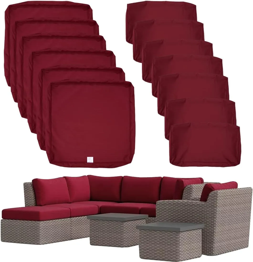 ClawsCover 13 Pack Outdoor Seat and Back Cushions Replacement Covers Fit for 6 Pieces 8-Seater Wicker Rattan Patio Furniture Conversation Set Sectional Couch Chairs,Burgundy-Include Cover Only