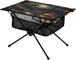 Coffee Pattern Portable Folding Camping Table, Compact Lightweight Beach Table with Carrying Bag for Outdoor Picnics, BBQs, Camp