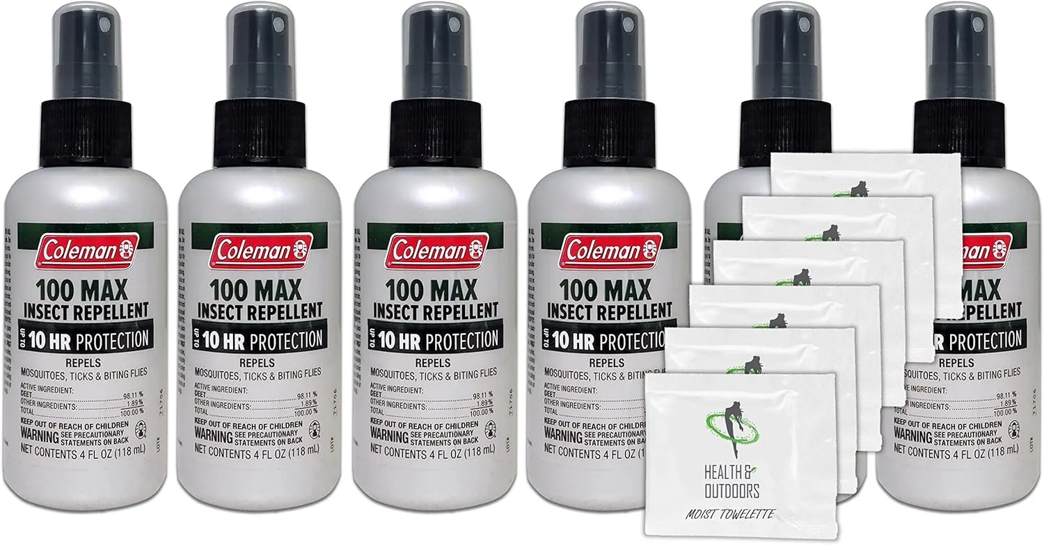 Coleman Max 100% Deet Insect Repellent 1 oz Pump Spray - Pack of 6 - w/ (6) Healthandoutdoor Hand Wipes