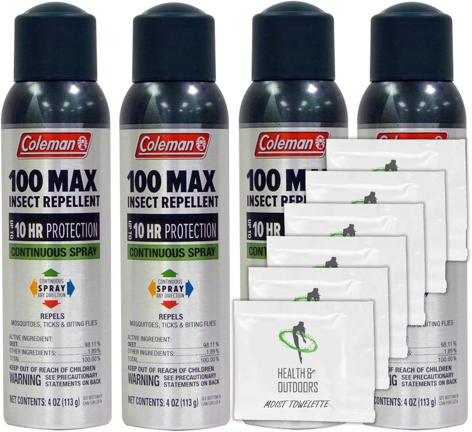 Coleman Max 100% Deet Insect Repellent - 4 oz Continuous Spray - Pack of 4 - w/ (6) Healthandoutdoor Hand Wipes